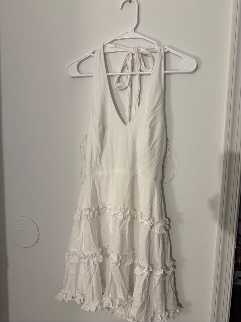 Trixxi White Backless Halter Ruffle Tiered Dress